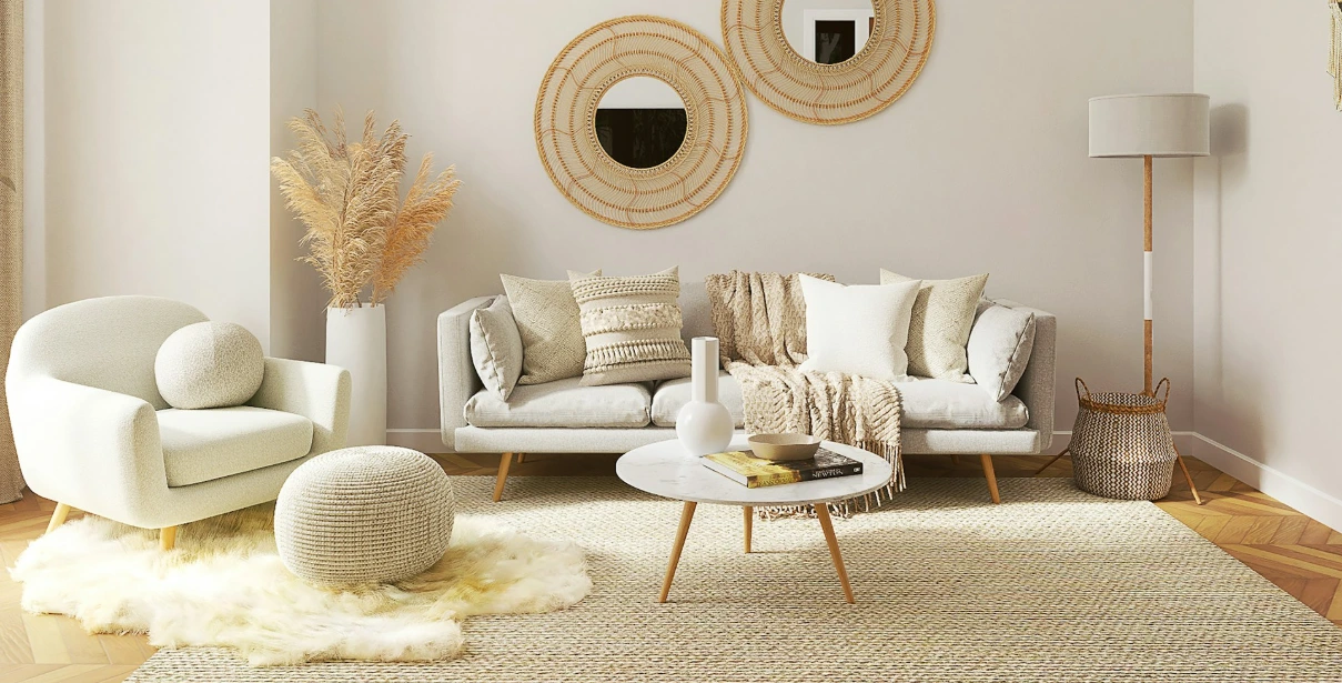 a living room filled with furniture and a mirror